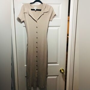 Pink Rose Beige Button-Up Midi Dress